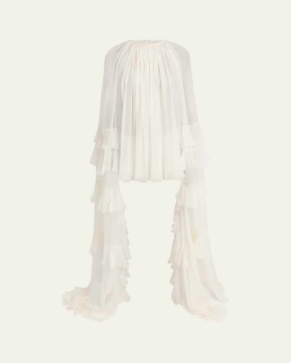 Draped Ruffle Sleeve Silk Mousseline Ruffle Mini Dress